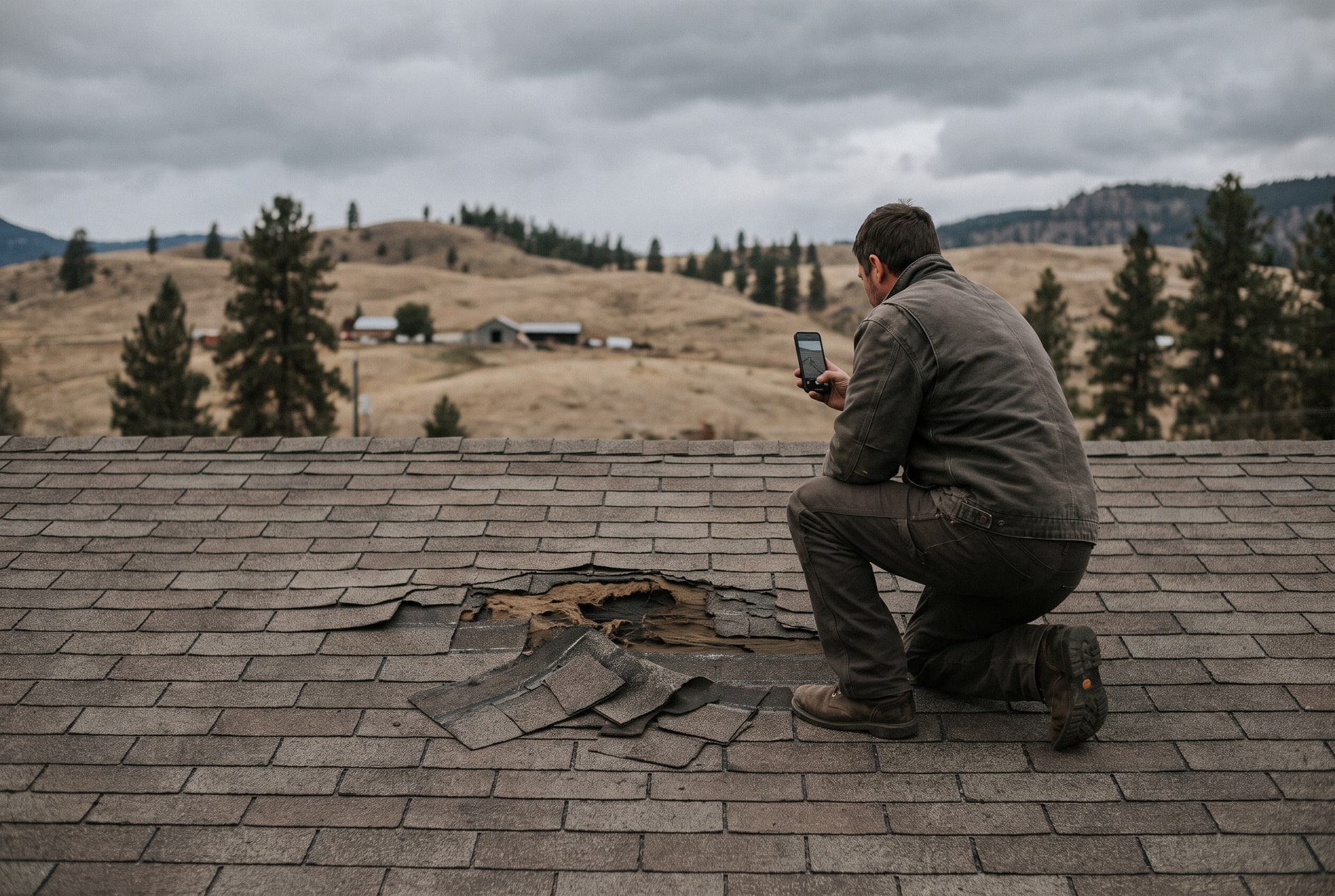 A roofer kneeling on a shingle roof to photograph a patch of torn-off shingles