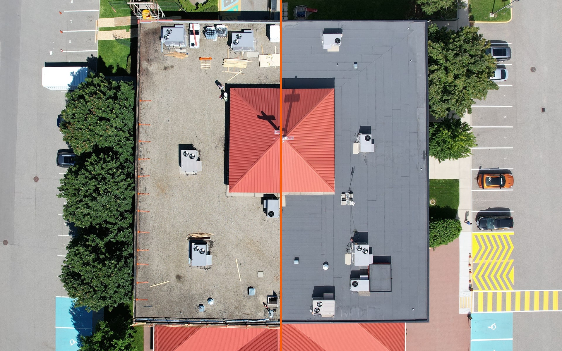 One flat roof from straight above, split down the middle: tar and gravel before, torch-on after
