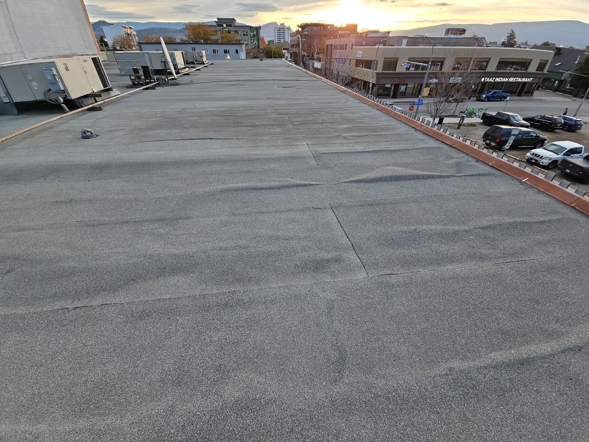 The worn grey surface of the old flat roof along the street side, parked cars below
