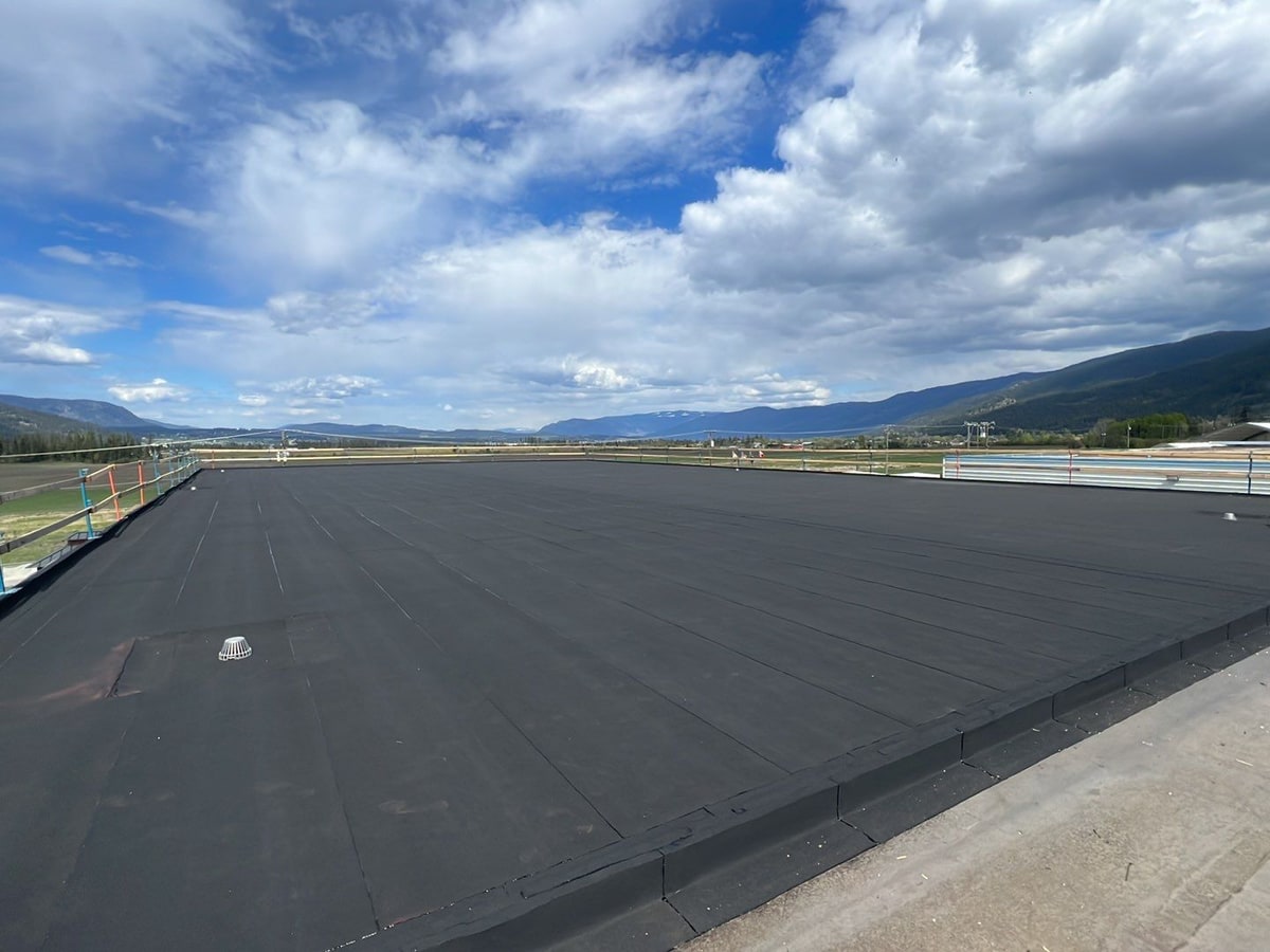 Clean two-ply SBS field on an industrial roof, the valley beyond