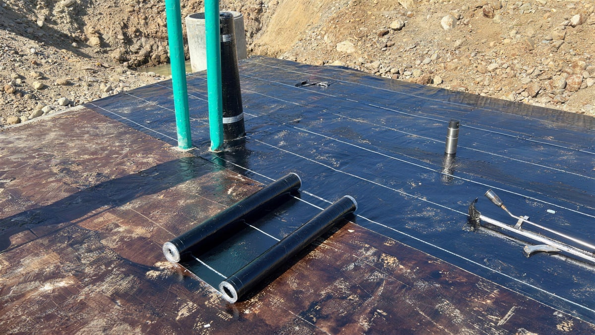 Waterproofing membrane laid over a slab beside an excavation, with rolls and a torch on it