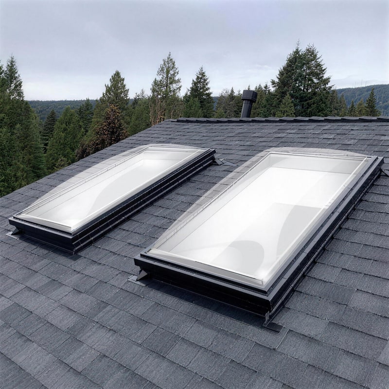 A pair of curb-mounted acrylic dome skylights on an asphalt shingle roof