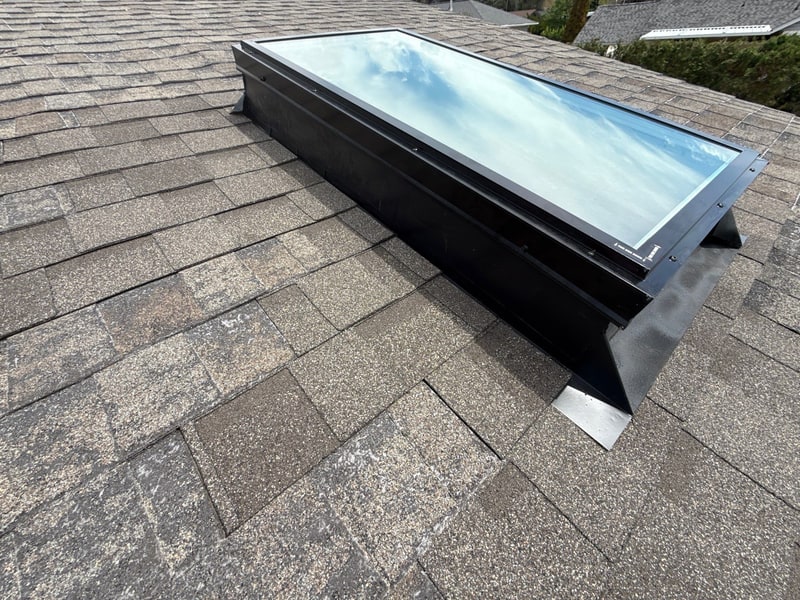 Black-framed skylight on a shingle roof, flashed along its sides