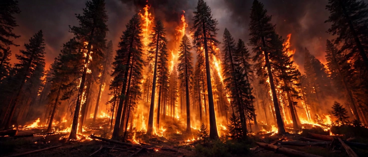Crown fire burning through a pine forest at night